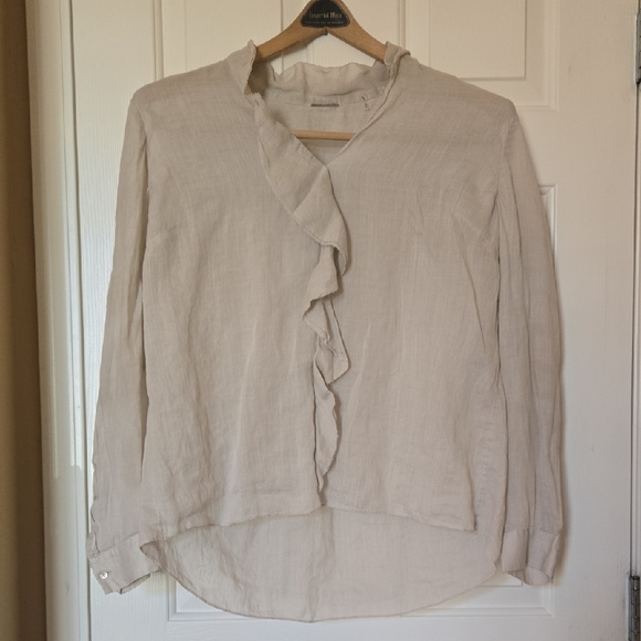 Elie Tahari Cream Ruffled Blouse Cuffed Sleeve BOHO POET PRAIRIE TIMELESS LINEN - Picture 1 of 12